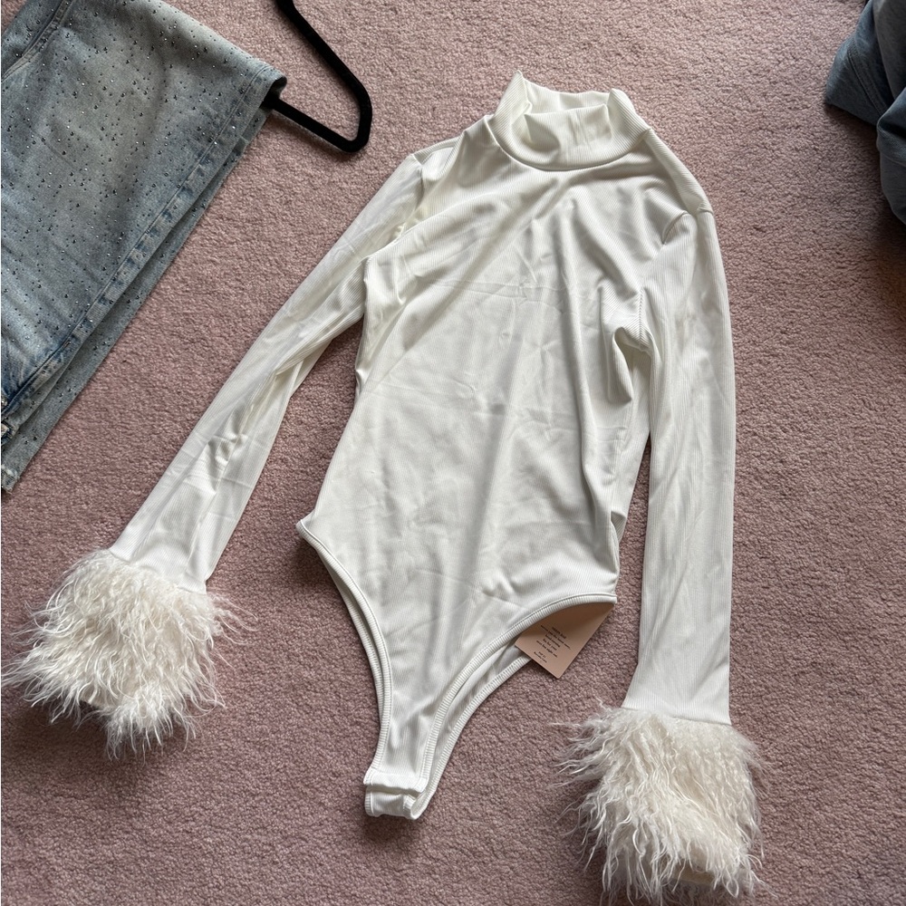 White Long Sleeve Bodysuit with Feather Cuffs